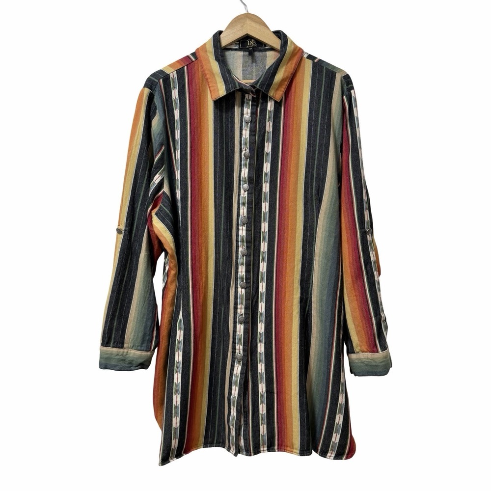 Lucky‎ & Blessed Womens Stripe Western Aztec Snap Button Up Shirt Size 3X Orange